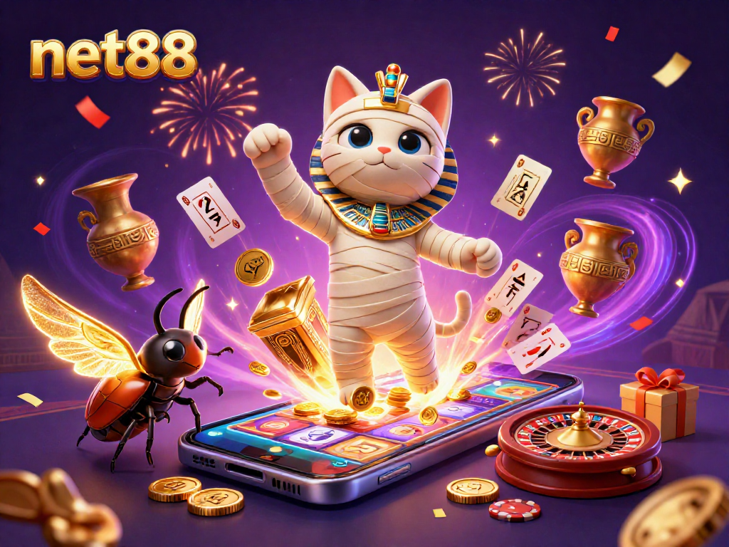 Experience the thrill of net88 with an Egyptian mummy cat and a wealth of casino elements.