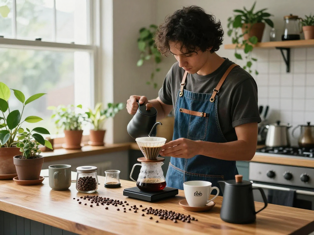 Barista brewing pour-over coffee with Ebb reusable filter in a stylish urban kitchen, emphasizing sustainability at www.ebbfilter.com.