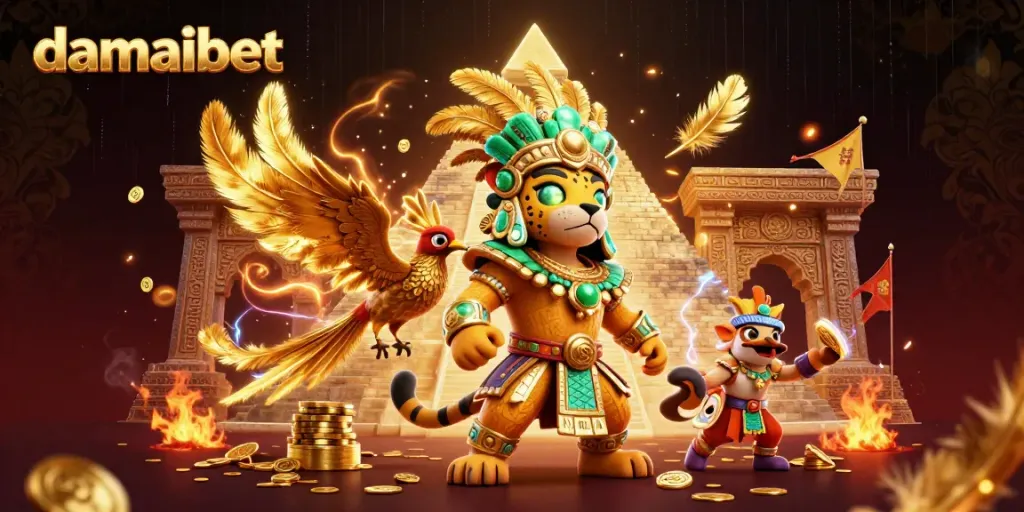 Experience the vibrant excitement of damaibet with a Mayan jaguar priest and quetzal bird in a dynamic casino scene.