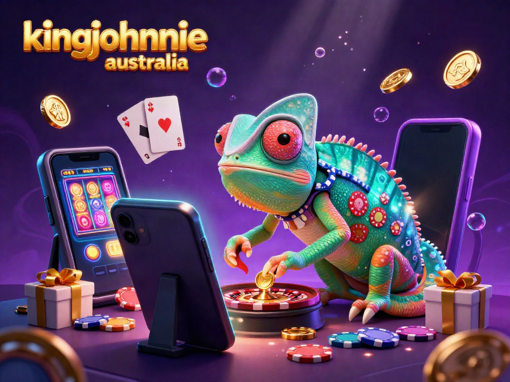 Experience vibrant casino action at kingjohnnie australia with a colorful 3D illustration featuring chameleon owner and exciting games.