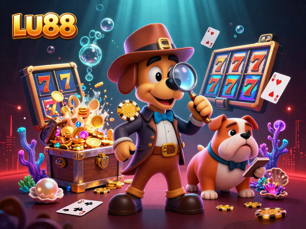 LU88 slot action scene with a cartoon detective and a bulldog, capturing thrilling gambling energy.