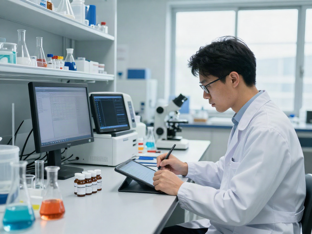 Buy Ipamorelin online in a professional lab environment showcasing purity testing and analytical equipment.