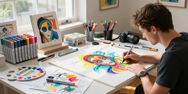 Marker pen supplier showcasing quality markers in a vibrant artist studio.