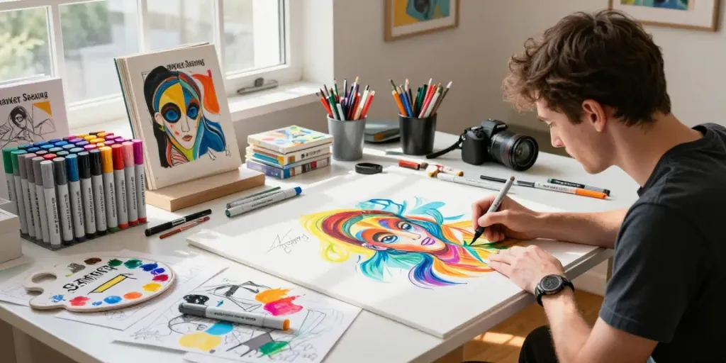 Marker pen supplier showcasing quality markers in a vibrant artist studio.