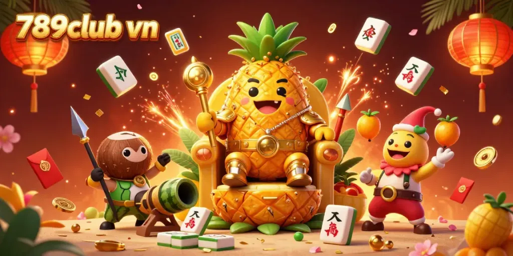 Experience vibrant gaming excitement with 789club vn's golden pineapple king surrounded by intricate casino elements.