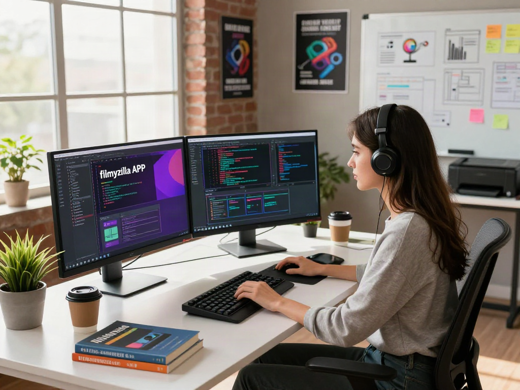 Developer working on filmyzilla APK project in a modern tech office