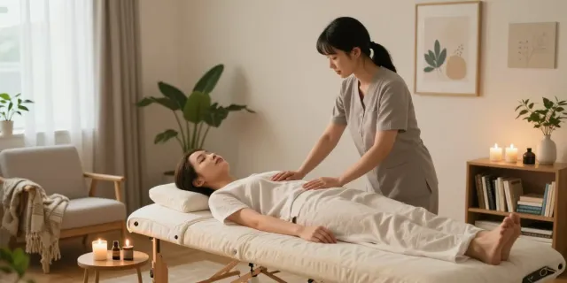 Relaxing 강동구출장마사지 session in a cozy living room with calming atmosphere and wellness elements.