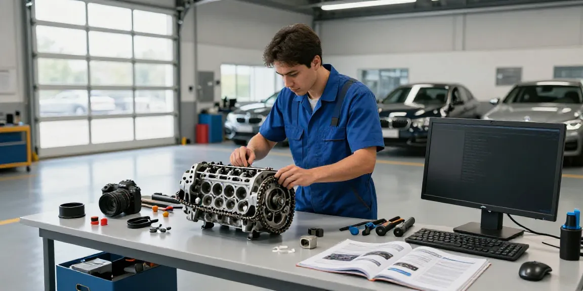 Expert mechanic assessing a BMW steuerkette in Hannover for quality service.