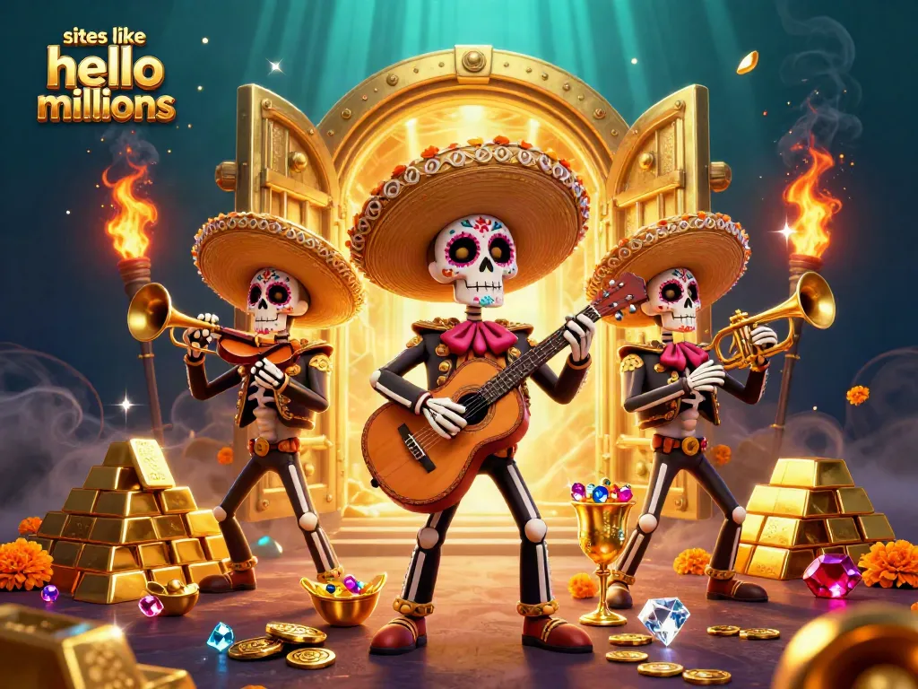 Play slots like hello millions with this lively 3D illustration of a festive mariachi band amidst golden treasure.