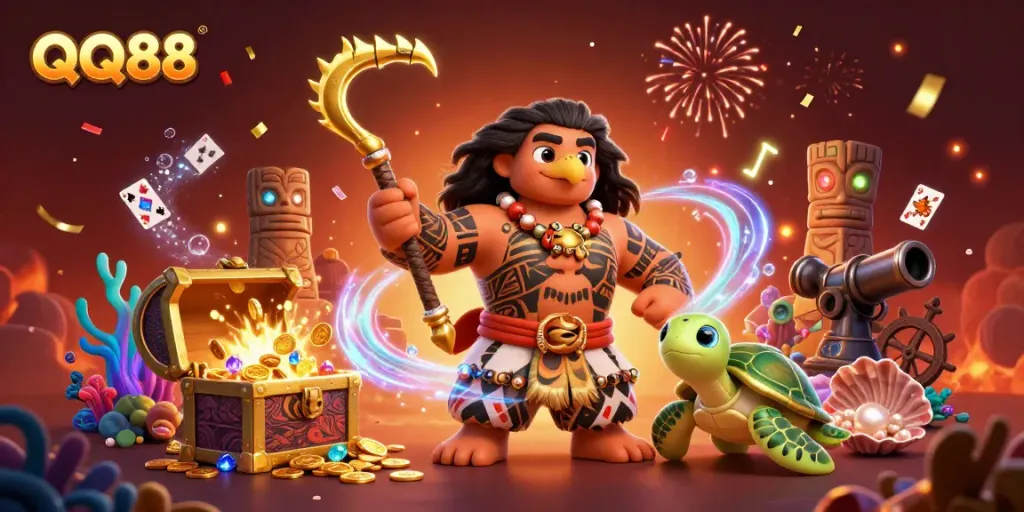 Experience the thrill of winning with QQ88 in a vibrant casino-themed 3D illustration.