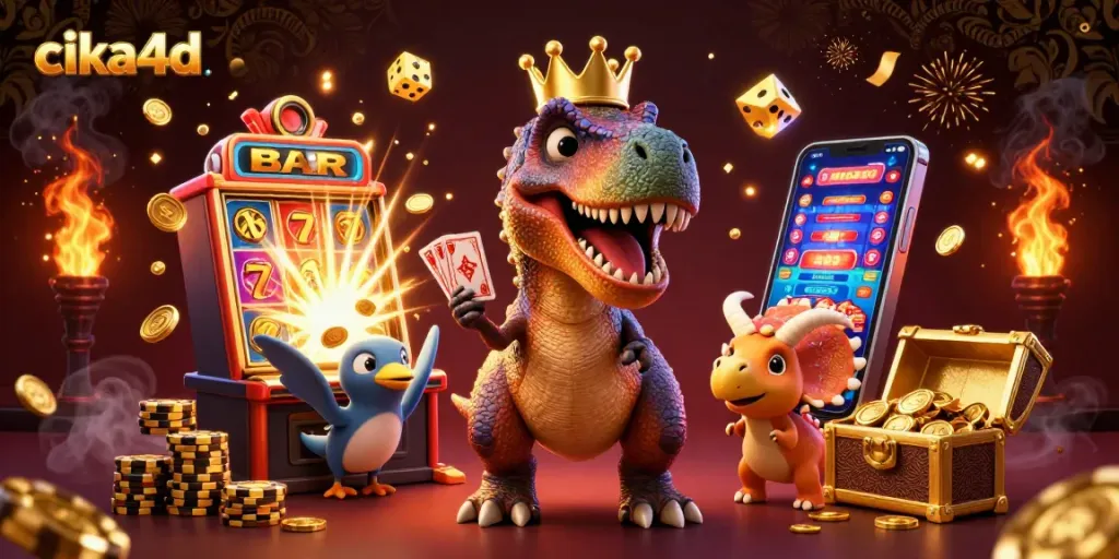 Experience vibrant gaming with cika4d: T-Rex dealing cards and fun casino elements.