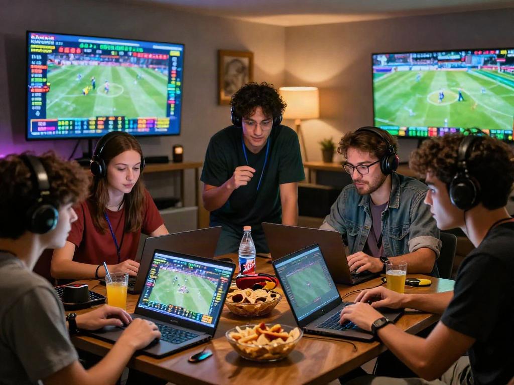 Ratutogel: teman-teman bersemangat berdiskusi tentang taruhan di ruang tamu dengan laptop dan layar besar menampilkan odds.