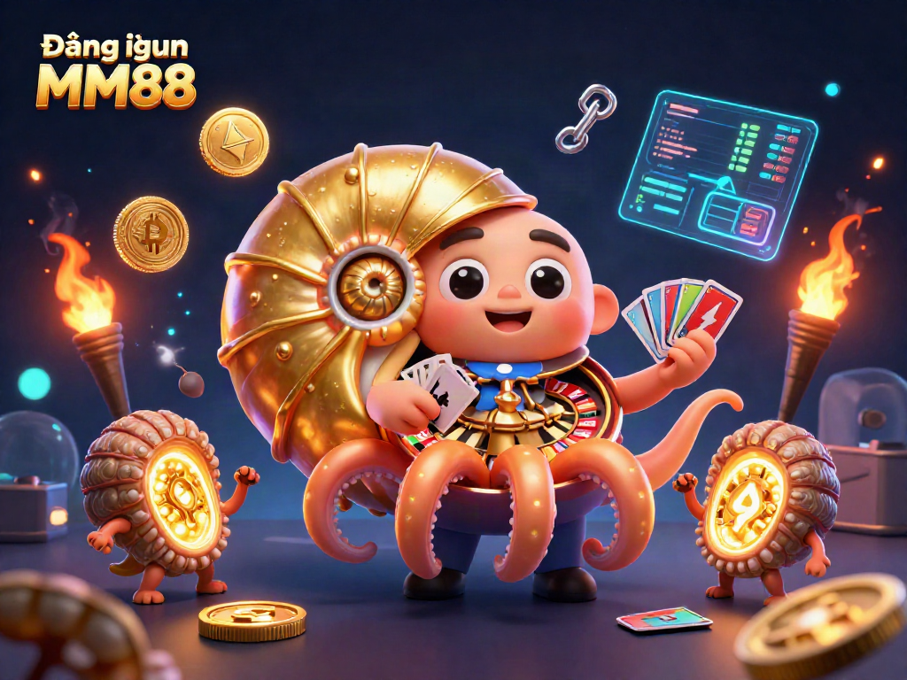Engage in Đăng nhập MM88 with thrilling 3D cartoon characters in a casino-themed digital illustration.