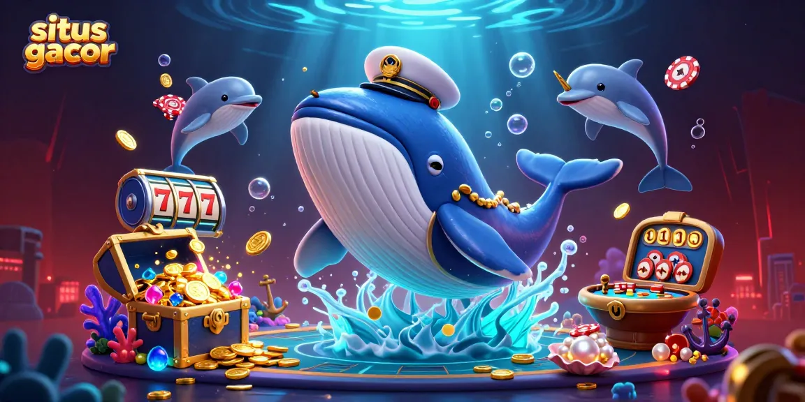 Experience the excitement of situs gacor with a colorful underwater casino scene featuring a giant whale and playful dolphins.