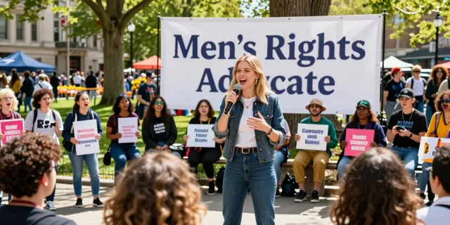 Chloe Sunderland advocating for men's rights at an outdoor rally with enthusiastic crowd.