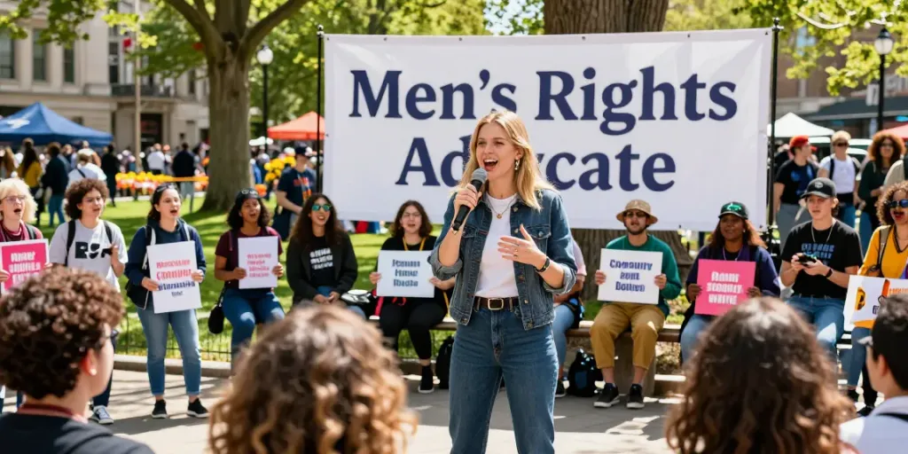Chloe Sunderland advocating for men's rights at an outdoor rally with enthusiastic crowd.