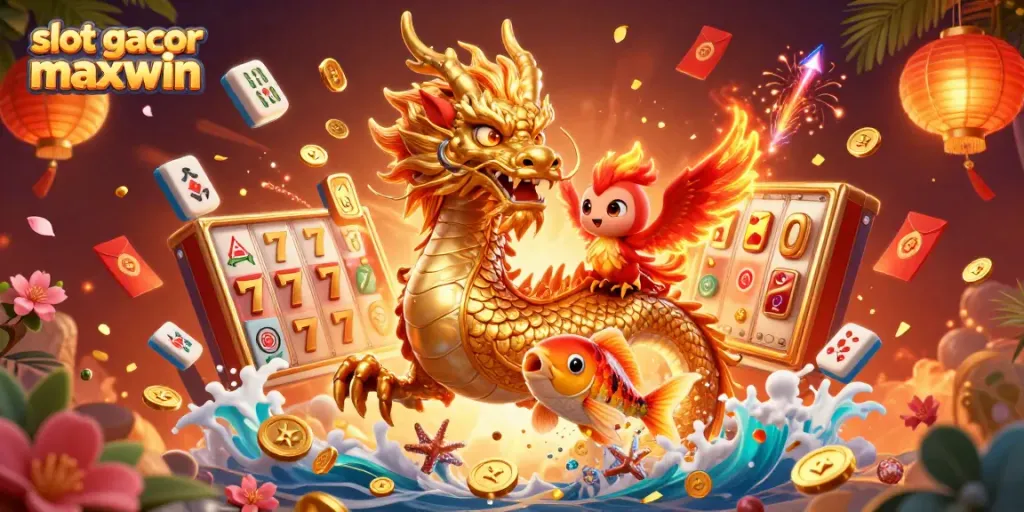 Experience the thrill of slot gacor maxwin with a majestic dragon, phoenix, and koi amidst a casino scene.