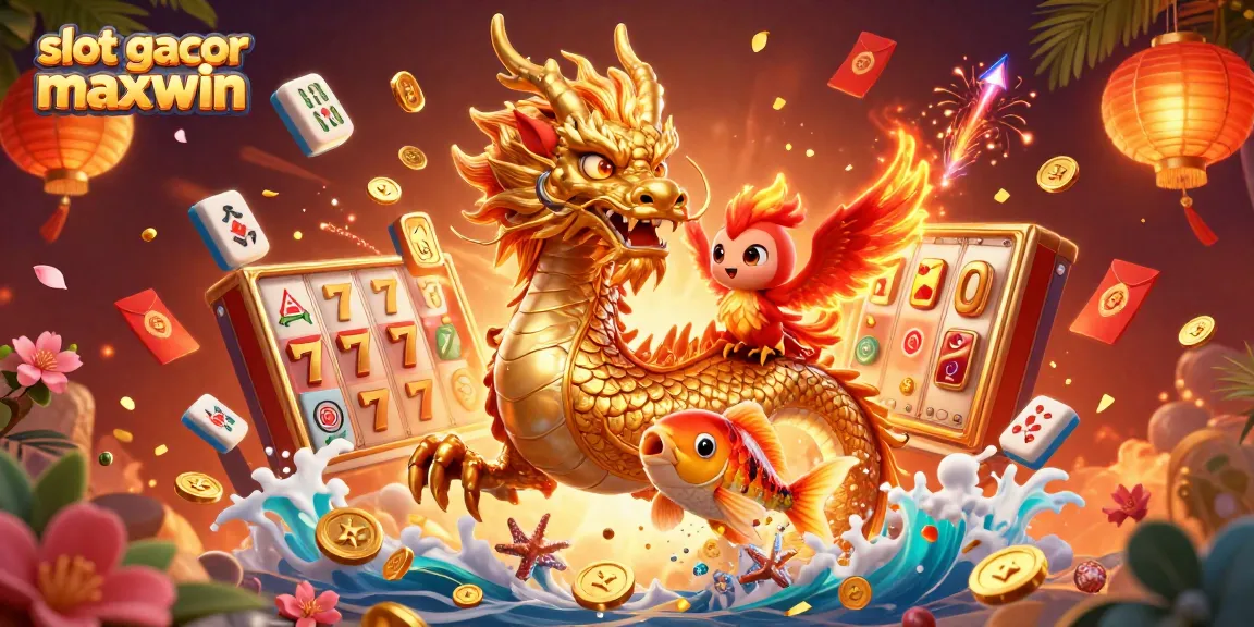 Experience the thrill of slot gacor maxwin with a majestic dragon, phoenix, and koi amidst a casino scene.