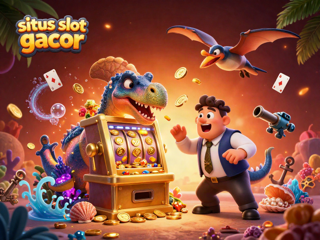 Mengguncang mesin slot jackpot, situs slot gacor dengan karakter kartun dan koin emas terbang.