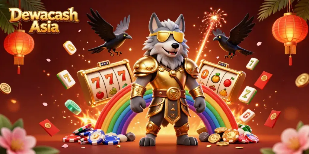 Dewacash Asia showcases an Odin wolf character with casino elements in a vibrant 3D illustration.