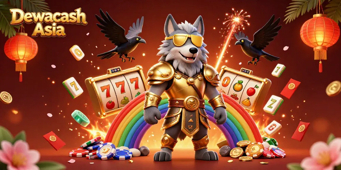 Dewacash Asia showcases an Odin wolf character with casino elements in a vibrant 3D illustration.