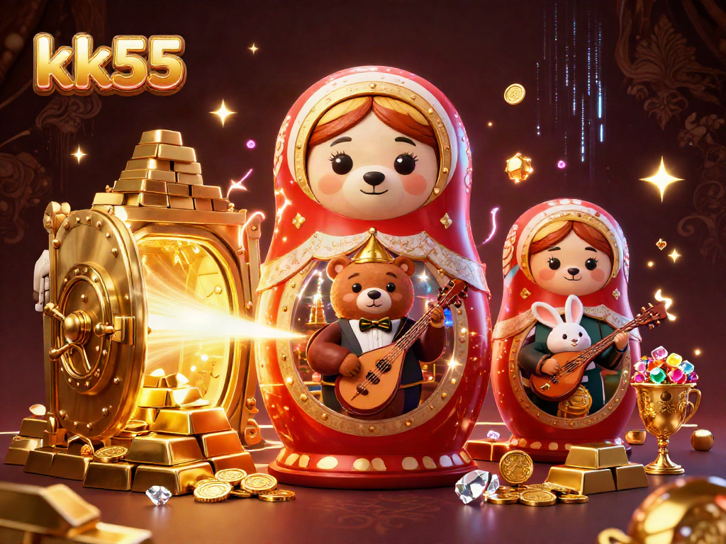 Play slots at kk55 while colorful cartoon bears and a rabbit delight in the casino ambiance