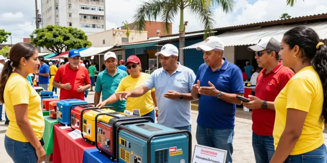 Varias personas en Venezuela explorando plantas eléctricas en un mercado animado, mostrando diferentes modelos y discutiendo características.