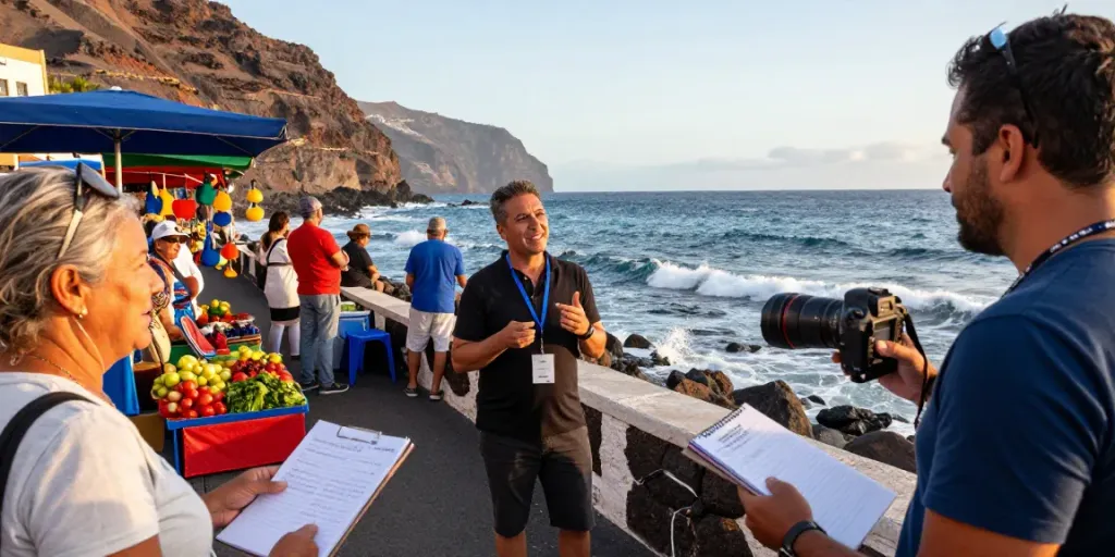 Tenerife news: Local journalist interviewing residents with scenic coastal backdrop