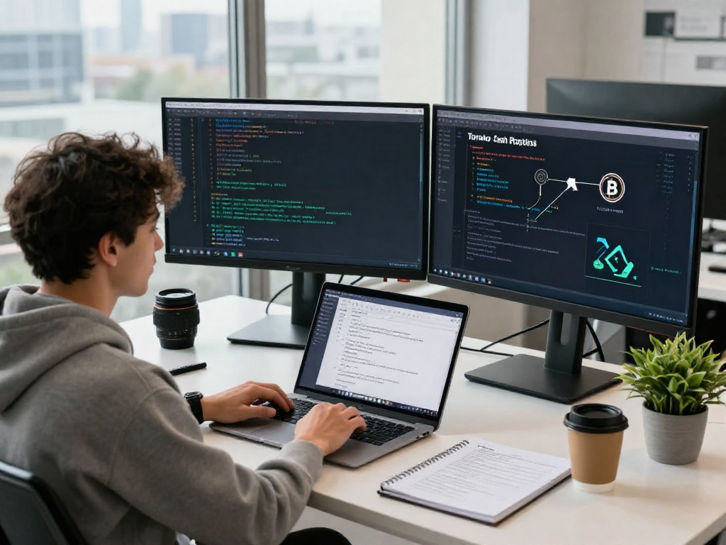 Tornado Cash privacy analysis in a tech workspace with developer reviewing blockchain protocols.
