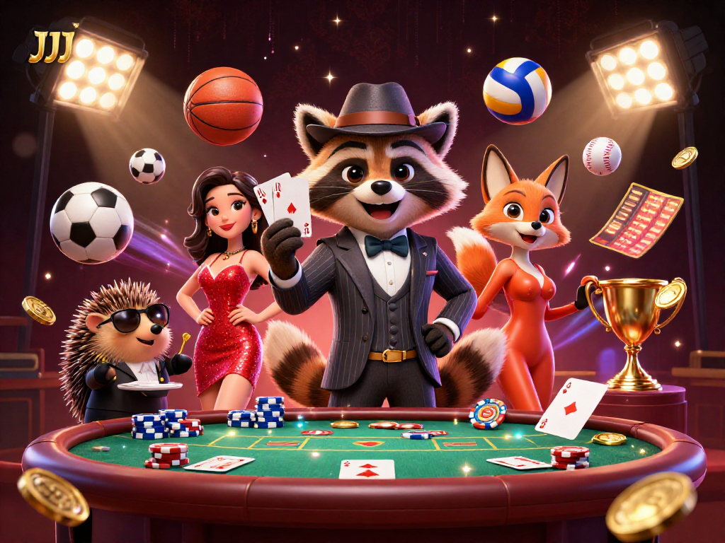 Experience thrilling gameplay with JJJPH's vibrant 3D raccoon and charming fox in a dynamic casino setting.