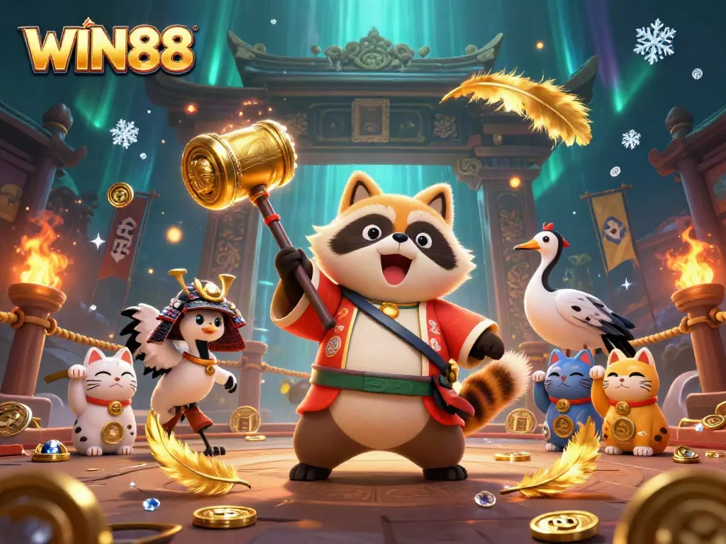 Experience thrilling gaming with WIN88 in a lively 3D casino scene filled with symbols of luck.