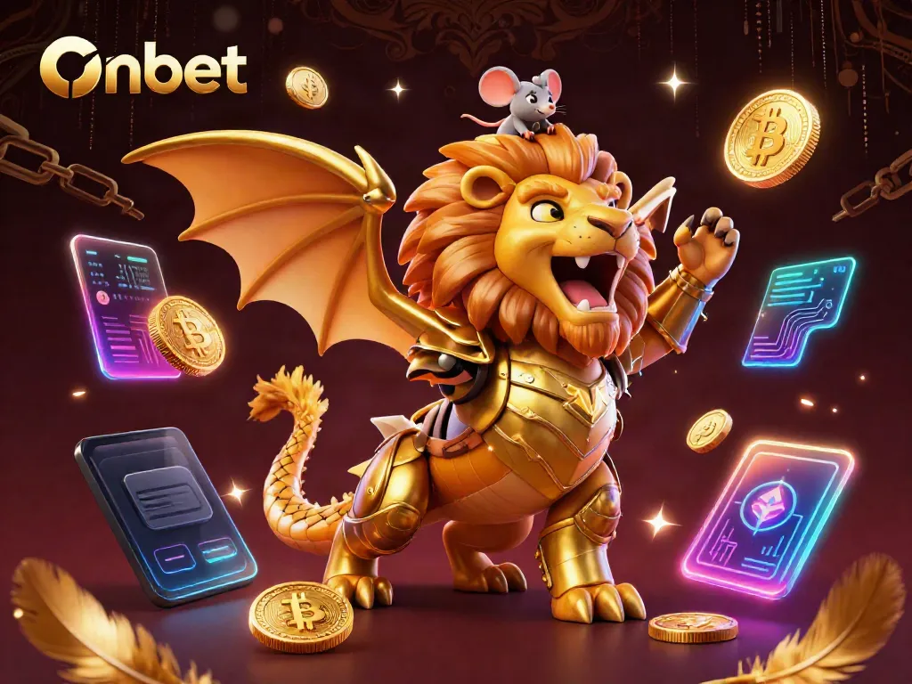 Experience thrilling gaming with Onbet featuring a chimera in golden armor among crypto and casino elements.