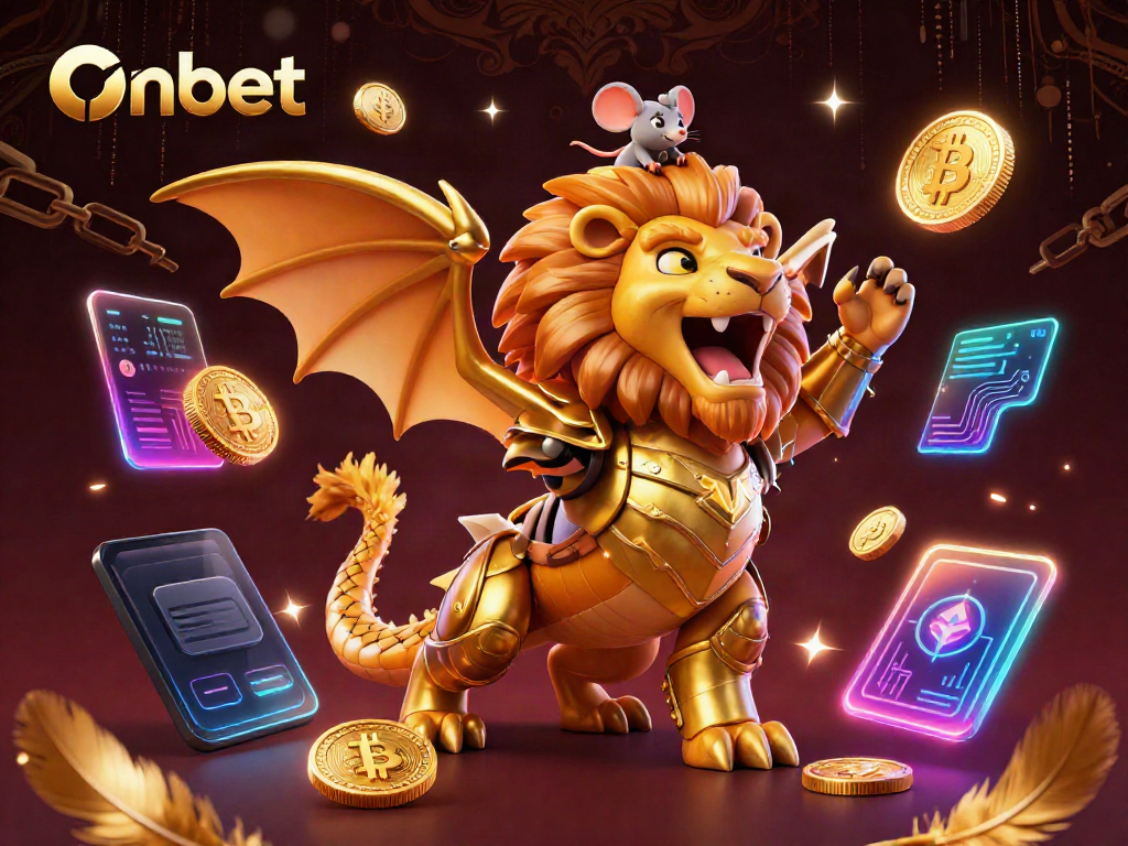 Experience thrilling gaming with Onbet featuring a chimera in golden armor among crypto and casino elements.