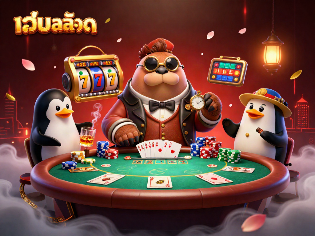 Experience thrilling เว็บสล็อต games with vibrant characters and dynamic casino elements in this 3D illustration.