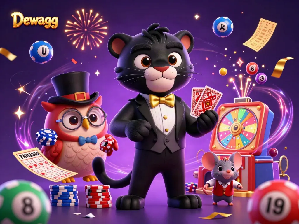 Dewagg promotes a dynamic casino scene with a tuxedo panther dealing cards, an owl, and a lucky mouse.