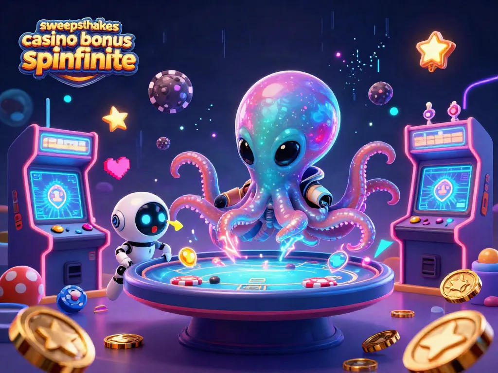 Experience the thrill with sweepstakes casino bonus spinfinite, featuring an alien octopus and exciting game elements.