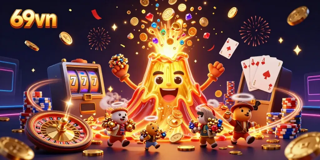 Engage in thrilling gambling adventures with 69vn casino, featuring golden coins, a majestic volcano, and treasure-seeking animals.