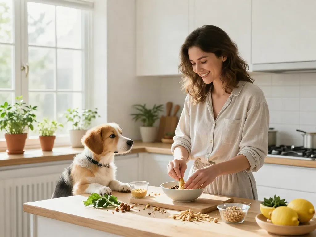 Natural calming dog treats being prepared in a bright kitchen, showcasing wholesome ingredients and a happy puppy, highlighting quality pet wellness.